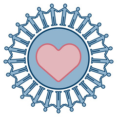 手を繋いだ人々が円になり、中央のハートを囲んで平和を象徴するデザインイラスト