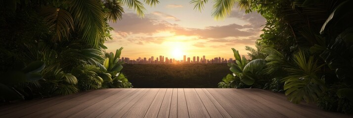 Tropical jungle view of city skyline at sunset