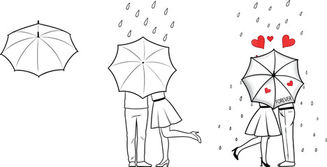 Umbrella Protection: Couple Embrace in Rain with Hearts