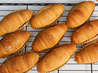 Top view of freshly baked salted butter roll bread on baking wire rack tray, Golden brown texture, homemade bakery concept, warm delicious pastry background, ready to serve buns in small local kitchen
