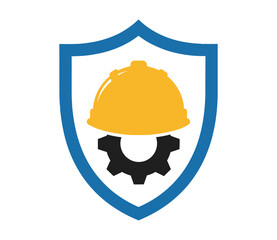 A shield with a hard hat and gear symbolizes industrial safety and protection.