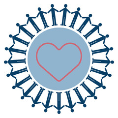 世界中の人々が手を取り合い、中央のハートで思いやりと多様性を表現したシンプルな人物イラスト