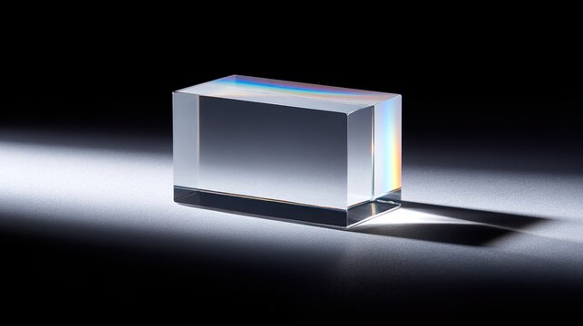 rockwell. Clear glass prism refracting rainbow light spectrum on dark surface. STEM education sheets, lab safety posters, designed for biotech research communications, used by data analysts.