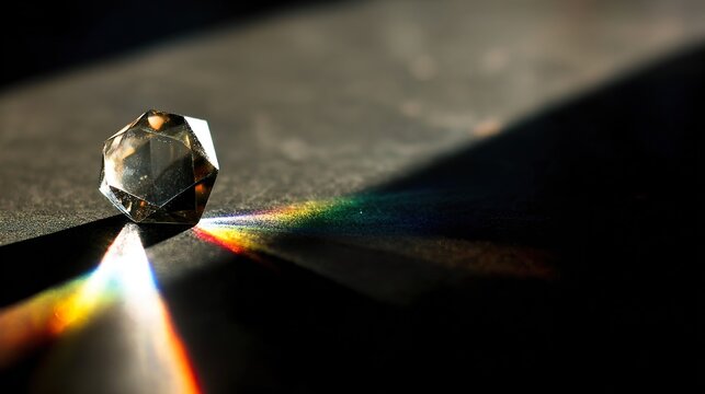 rockwell. Clear glass prism refracting rainbow light spectrum on dark surface. STEM education sheets, lab safety posters, designed for biotech research communications, used by data analysts.