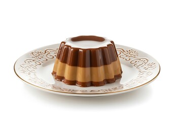 Delicious layered dessert on decorative plate against a white background