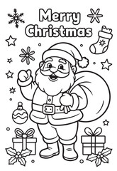 Cheerful Santa Claus carries a bag and smiles among snowflakes and presents outline, coloring pages, kids , coloring, pages
