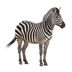 Obraz premium Realistic full-body zebra with a long tail standing proudly on a white background, perfect for wildlife, nature, and design projects.