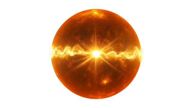 Fiery planet illustration with radiant energy waves, representing powerful innovation or cosmic phenomenon in a visually striking design concept isolated on white or transparent png.