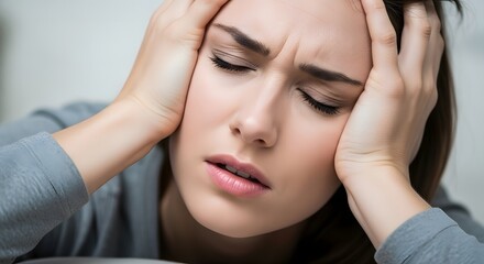 A distressed young woman holding her head in pain, suffering from a severe headache or migraine, feeling stressed and unwell