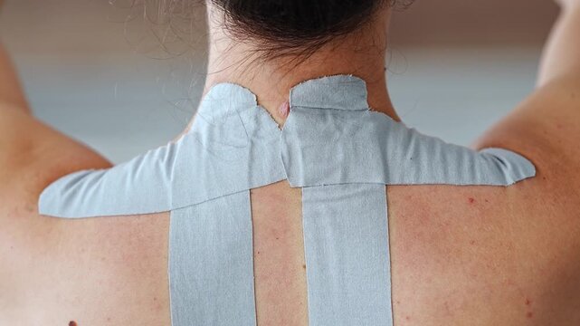 Close-up of a woman massaging her taped shoulder blades and upper back. Kinesiology taping and self-care techniques for muscle tension, pain relief and physical recovery at home.