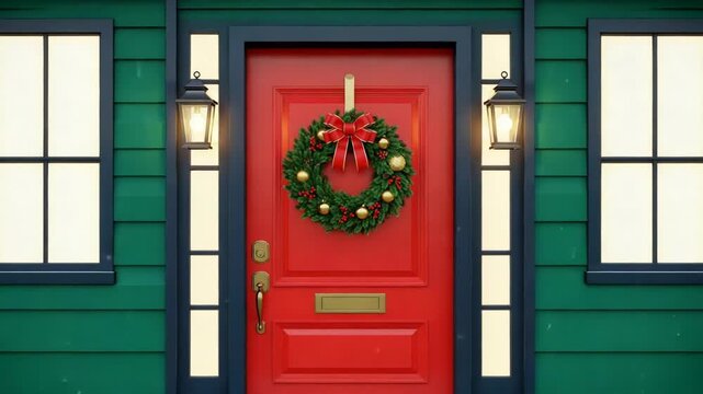 Festive red front door with christmas wreath and lanterns