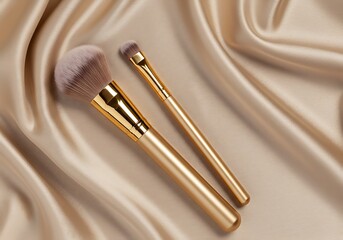 Makeup brushes on satin fabric beauty and cosmetic accessories