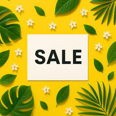Summer Sale Flat Lay: Tropical Leaves and White Flowers on Vibrant Yellow Background with Copy Space
