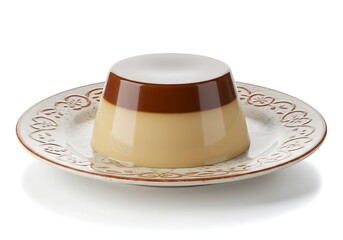 Delicious layered dessert pudding served on a decorative plate isolated
