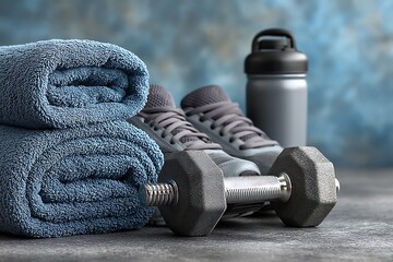 A neatly arranged stack of soft blue towels sits beside a pair of athletic shoes and a metal water bottle next to a dumbbell