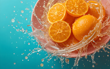 High-speed photography capturing a dynamic and elegant splash of fresh orange juice swirling around perfectly sliced oranges on a pink plate.