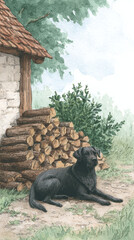 Charming Watercolor Depiction of a Relaxed Black Dog by a Woodpile in a Tranquil Outdoor Setting