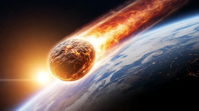 Meteor hitting Earth fiery asteroid impact space explosion