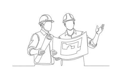 Two construction workers in hard hats review building plans on a blueprint.