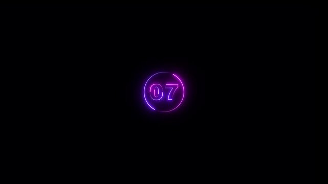 Abstract 07 text neon number animation on the black background. Glowing neon 07 number mathematics count text animation.
