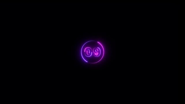 Abstract 09 text neon number animation on the black background. Glowing neon 09 number mathematics count text animation.