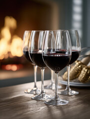 Four wine glasses filled with red wine on wooden table, cozy warm atmosphere, fireplace in background, inviting and elegant setting