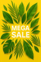 Mega Sale Tropical Banner: Lush Green Palm Leaves on Vibrant Yellow Vertical Background for Summer Promotion