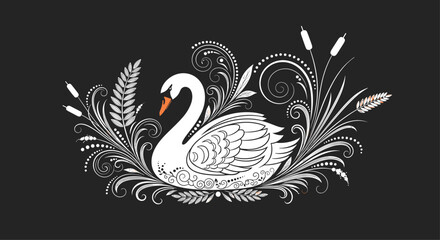 Elegant white swan illustration with floral elements on a dark background, perfect for various design projects and themes.