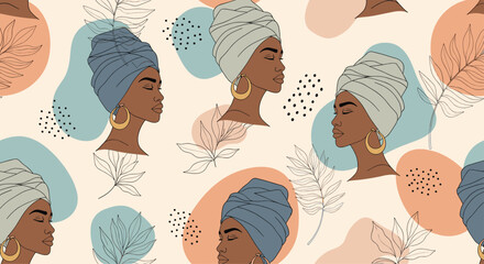 Elegant pattern with illustrations of African women wearing turbans and hoop earrings, alongside botanical elements and abstract shapes.