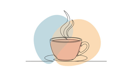Minimalist line art illustration of a steaming cup of coffee with abstract background..
