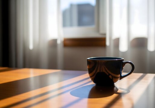 Warm morning coffee with sunlight reflection on table.