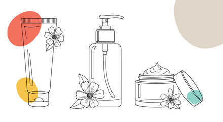 Minimalist line art illustration of cosmetic products with flowers and abstract shapes, perfect for beauty and skincare themes.