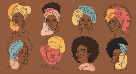 Diverse minimalist line art portraits of Black women featuring various hairstyles and headwraps with abstract colorful shapes.