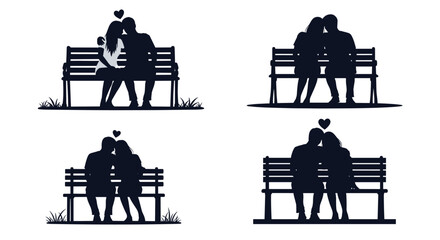 Romantic silhouettes of couples in love sitting on benches, celebrating love and Valentine's Day with affection and togetherness.