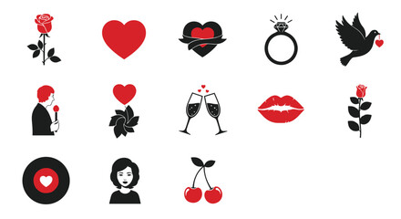 Diverse collection of red and black vector illustrations representing love, relationships, and romantic gestures.