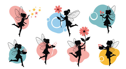 Silhouettes of magical fairies with delicate wings flying around, holding flowers, and baskets with gifts, against abstract colorful backgrounds.