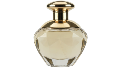 Elegant glass bottle of golden perfume with faceted sides and luxurious gold cap for beauty campaigns and fragrance product displays isolated on white or transparent png.