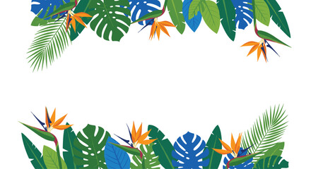Tropical paradise border with lush green and blue leaves and vibrant bird of paradise flowers on a clean white background, perfect for summer designs.