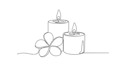 Minimalist continuous line drawing of two lit candles and a flower.