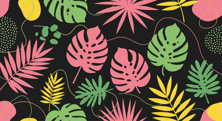 Seamless pattern with tropical leaves in vibrant colors on a black background.