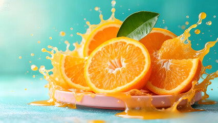 A splash of fresh glass orange juice swirling around perfectly sliced oranges on a pink plate. 