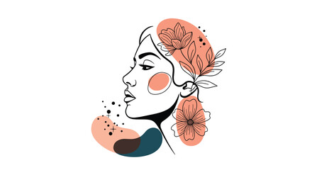 Minimalist line art of a woman's profile with abstract floral elements and organic shapes.