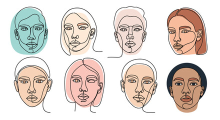 Minimalist line art portraits of diverse faces with colorful backgrounds and outlines.