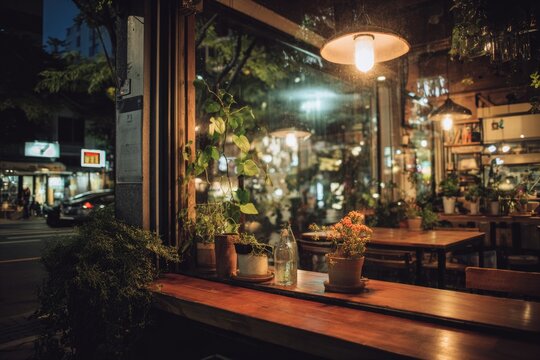 photo of warm caf&eacute; interior seen from outside window, peaceful Seoul night feeling 