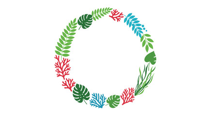 Botanical circular frame featuring green foliage, coral, and Monstera leaves, creating a natural and vibrant design element.