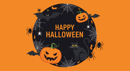 Happy Halloween themed decorative frame illustration featuring jack-o'-lanterns, bats, a black cat, and spiders against an orange background.