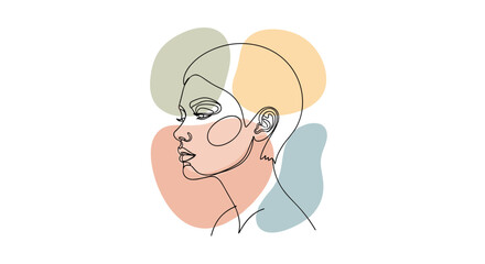 Abstract minimalist line art of a woman's profile with pastel-colored organic shapes.