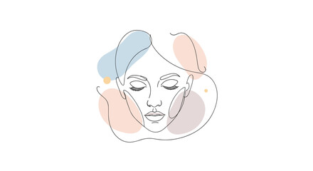 Minimalist line art illustration of a woman's face with abstract colorful shapes.