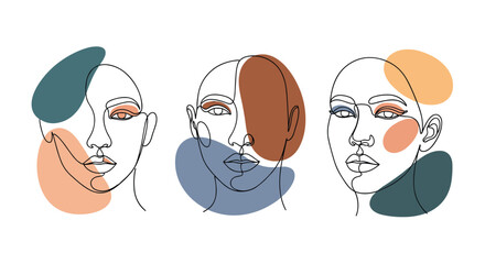 Minimalist line art portraits with abstract color blocks, modern aesthetic design on a white background, suitable for contemporary wall decor and art prints.