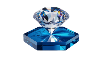 Brilliant diamond on blue crystal platform, symbolizing luxury and success, perfect for financial promotions or high-end brand visuals with captivating sparkle isolated on white or transparent png.